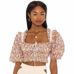 For Love & Lemons Floral Puff Sleeve Cropped Top, XS